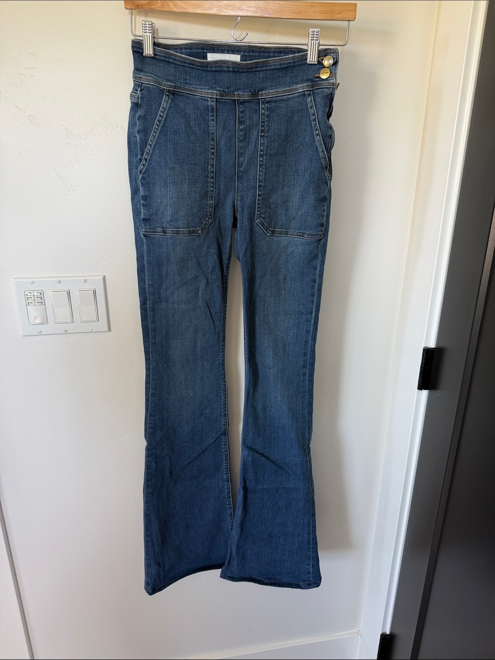 Frame Denim Indigo Flare Jeans with Front Patch Pockets